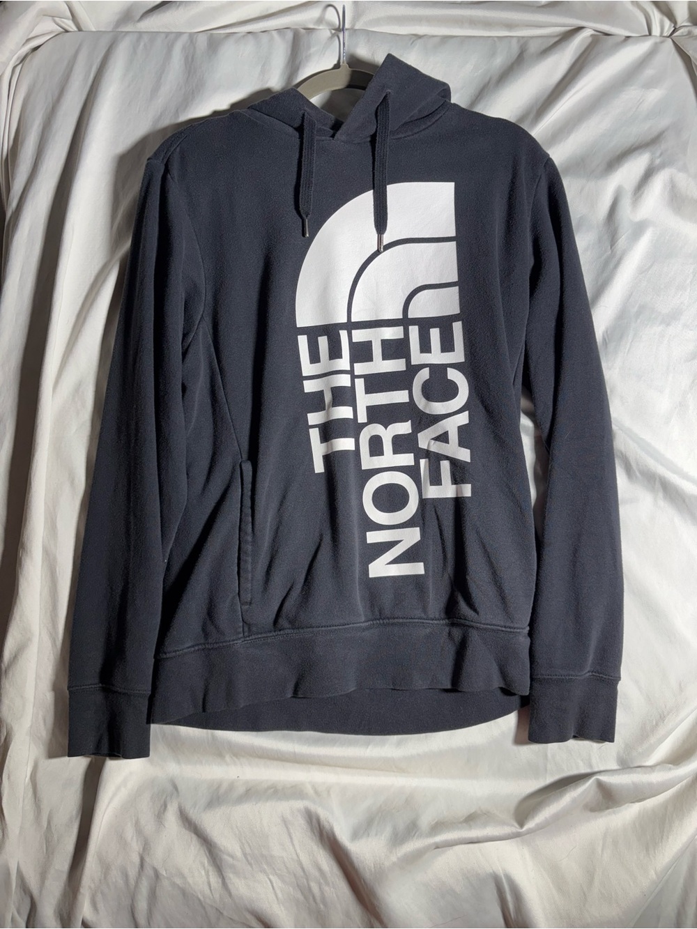 The North Face Men's Dark Gray Crewneck Hoodie with Large White Logo